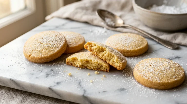 Biscoitos amanteigados dourados dispostos em mármore branco