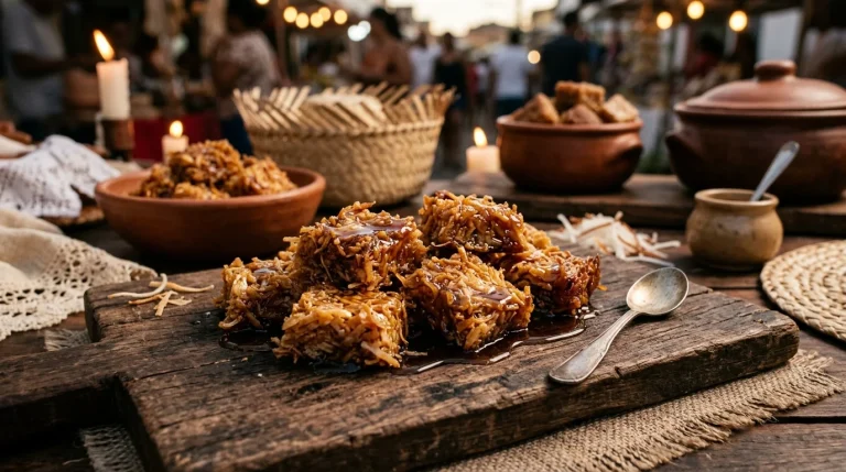 Doce de panela com coco queimado caramelado em tábua rústica nordestina