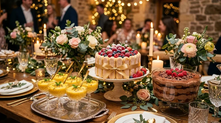 Mesa de festa com charlotte de frutas vermelhas e mousse de maracujá