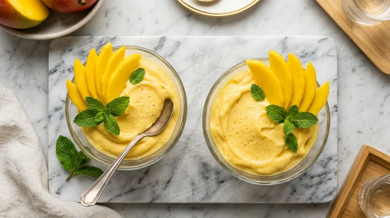 Mousse de manga em taças elegantes com frutas tropicais frescas