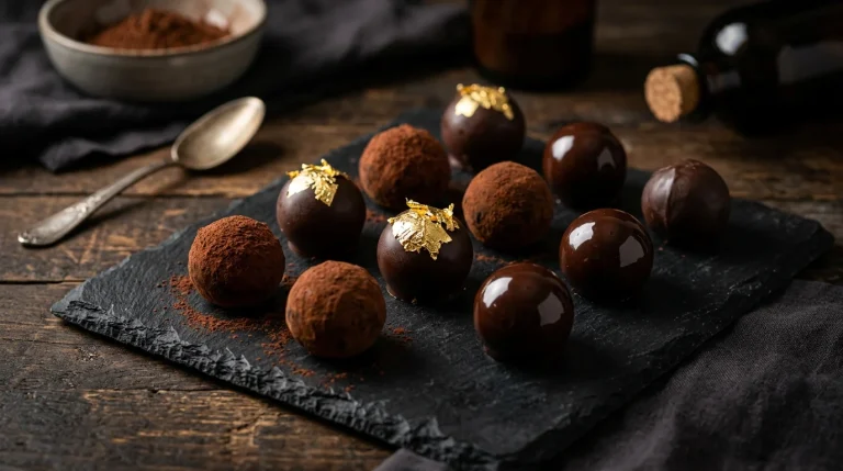 Trufas de chocolate escuro com cacau em pó e folha de ouro