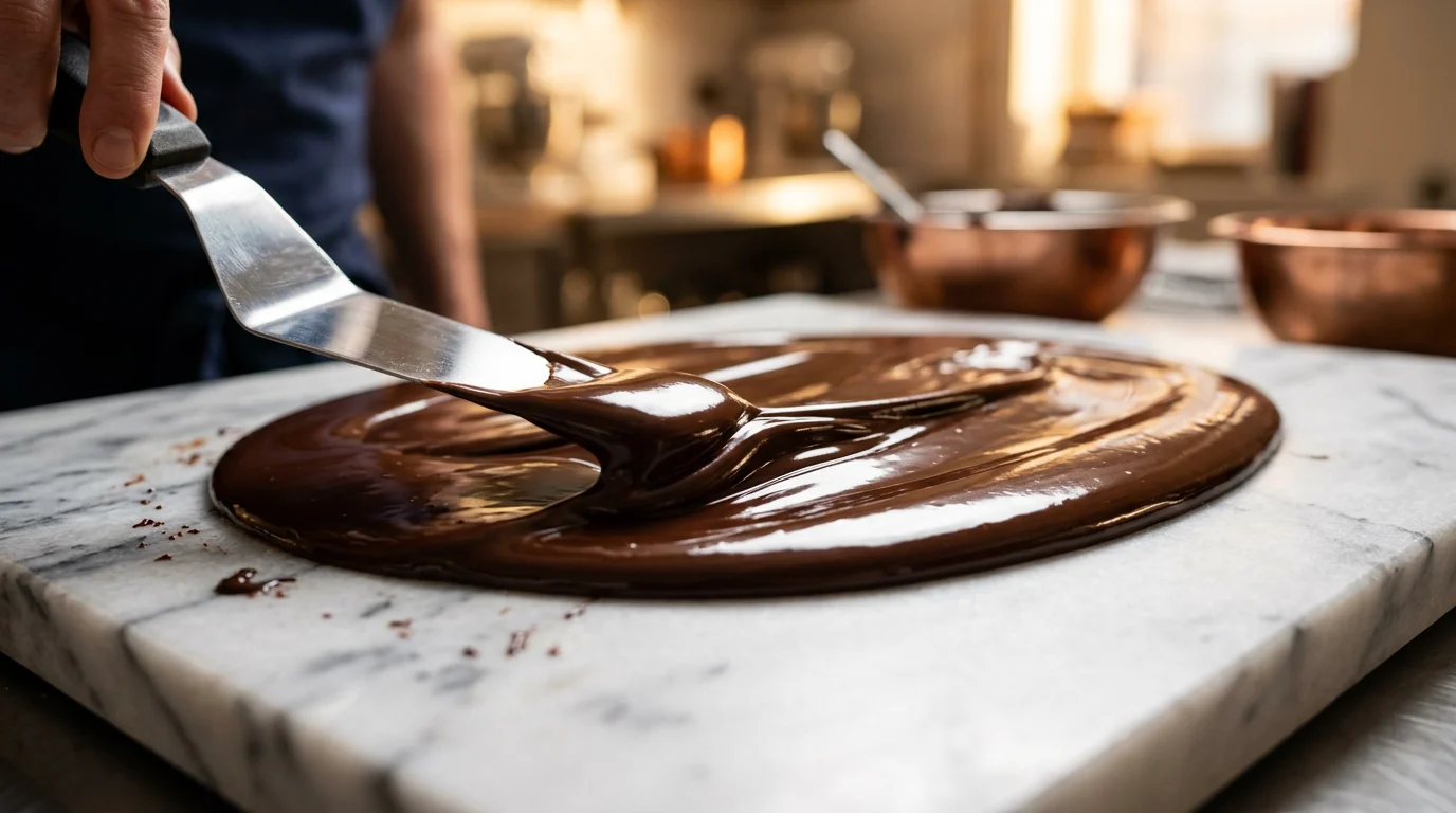 Temperagem de chocolate escuro em mármore com espátula