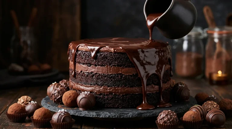 Chocolate e Cremes: ganache escorrendo sobre bolo de chocolate com trufas