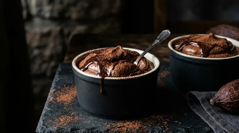 Mousse de chocolate escuro em ramequins com ganache e cacau em pó