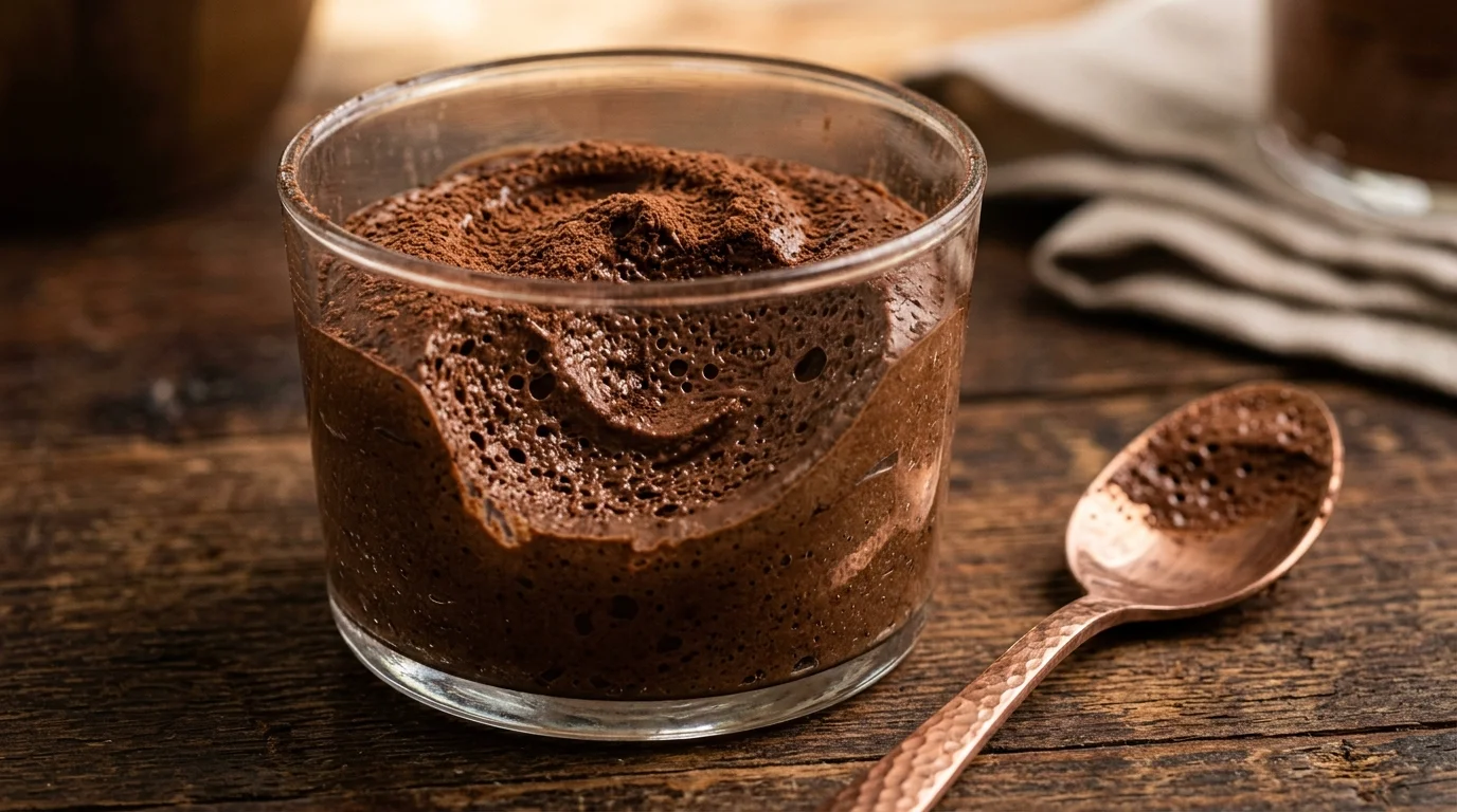 Textura de mousse de chocolate com bolhas de ar visíveis em taça