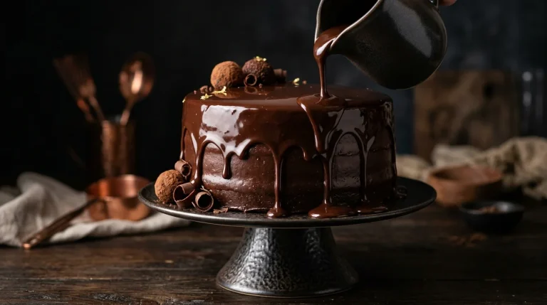 Ganache de chocolate escuro sendo despejado sobre bolo com efeito espelhado