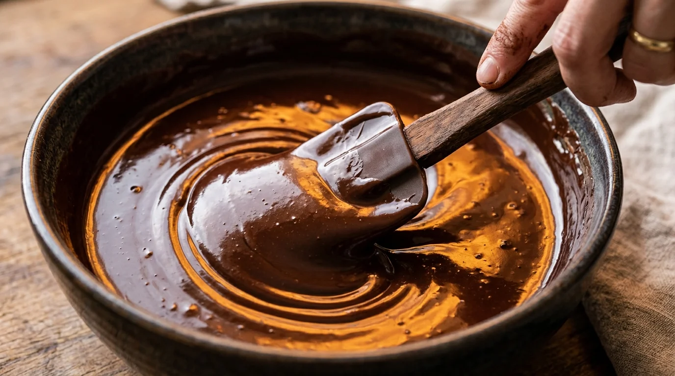 Detalhe macro de ganache brilhante sendo mexida com espátula em tigela