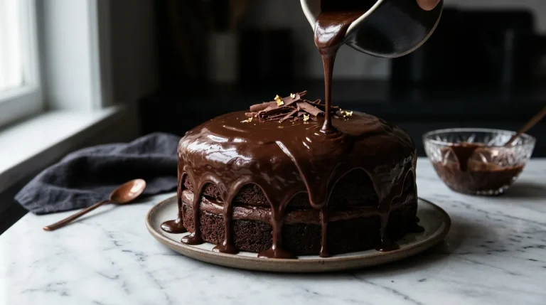 Ganache de chocolate escorrendo sobre bolo em mármore branco com iluminação dramática