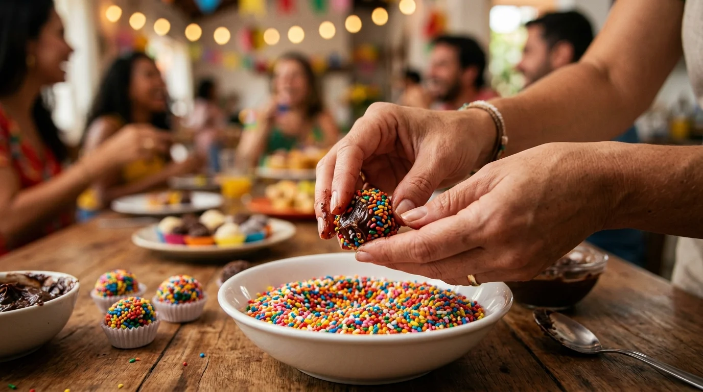Mãos enrolando brigadeiro em granulado colorido