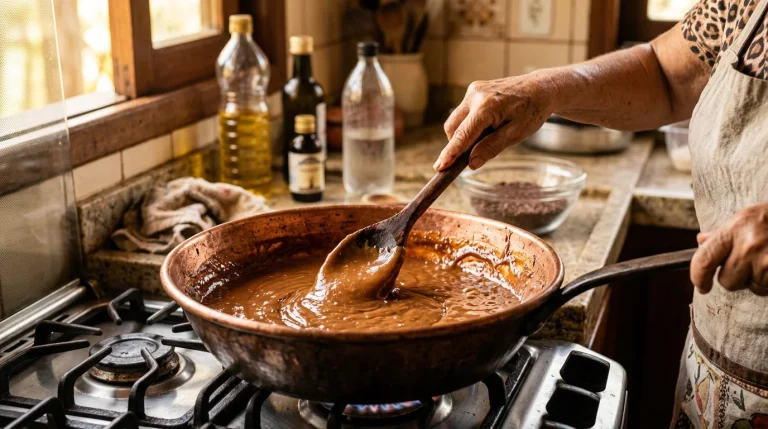 Doces de Panela: brigadeiro em panela de cobre com colher de pau