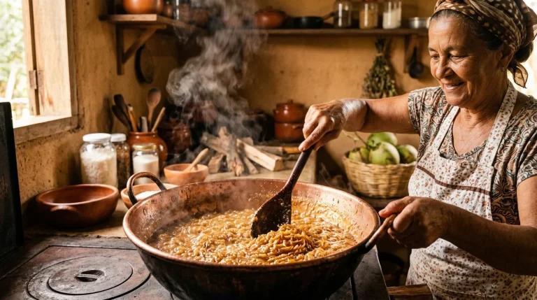 Doce de panela brasileiro sendo mexido em panela de cobre com vapor