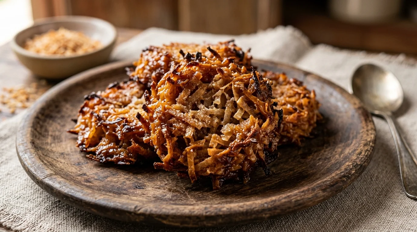 Cocada nordestina com coco tostado caramelizado em prato artesanal