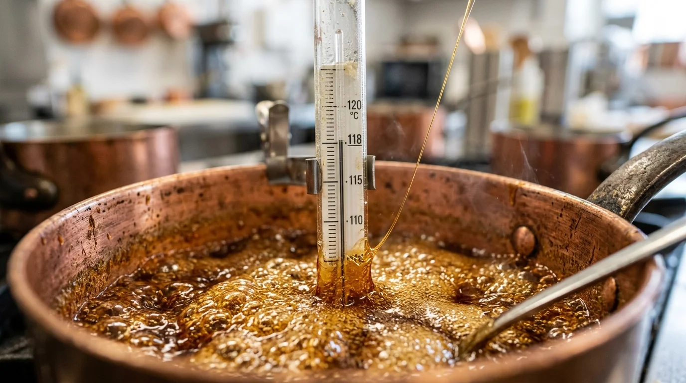 Termômetro culinário medindo temperatura de calda de açúcar dourada em panela de cobre
