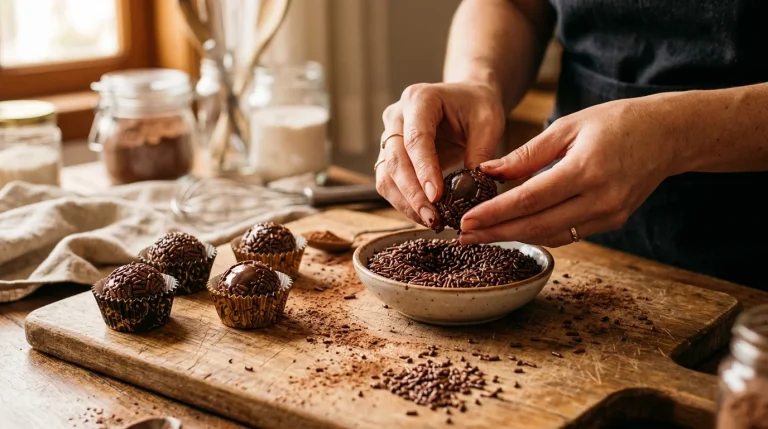 Brigadeiros gourmet sendo rolados em granulado sobre tábua de madeira - doces de panela