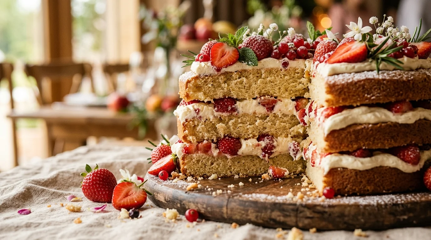 Detalhe das camadas de naked cake com morangos frescos e creme