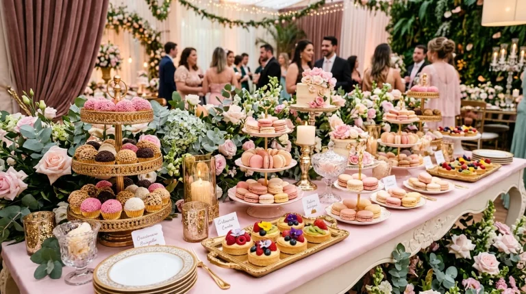 Festas e Datas: mesa de doces com brigadeiros, macarons e tortas floridas