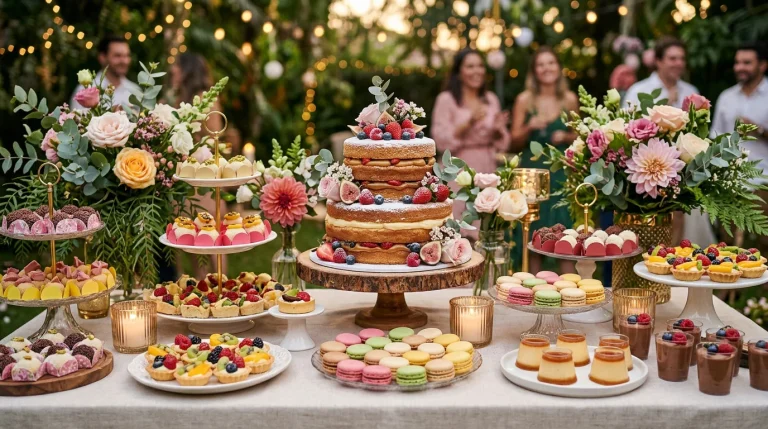 Mesa de festa brasileira com naked cake, brigadeiros e mini sobremesas