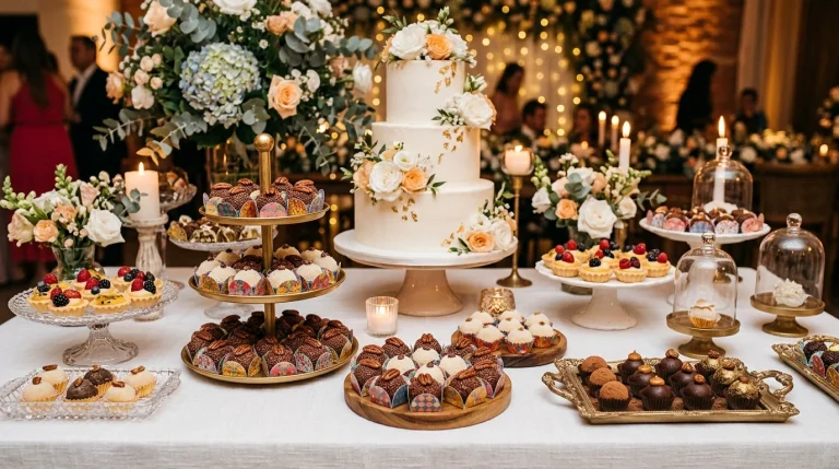 Mesa de sobremesas para festa com bolo em andares, brigadeiros e tortinhas em toalha branca