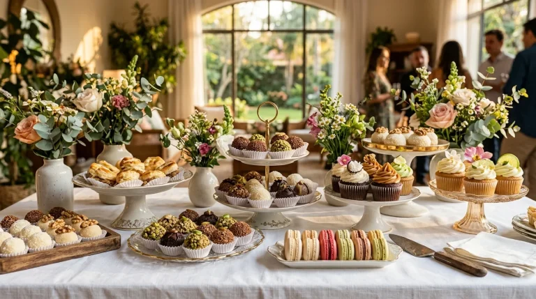 Mesa de doces elegante para festa com brigadeiros e cupcakes decorados