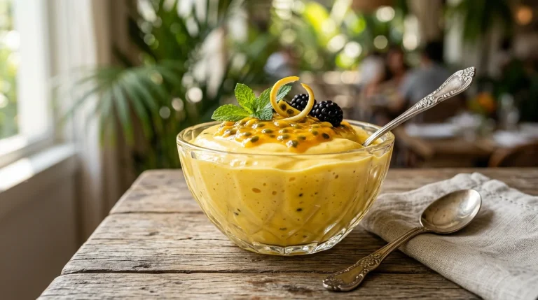 Mousse de maracujá cremosa em taça de vidro com garnish tropical - sobremesas geladas