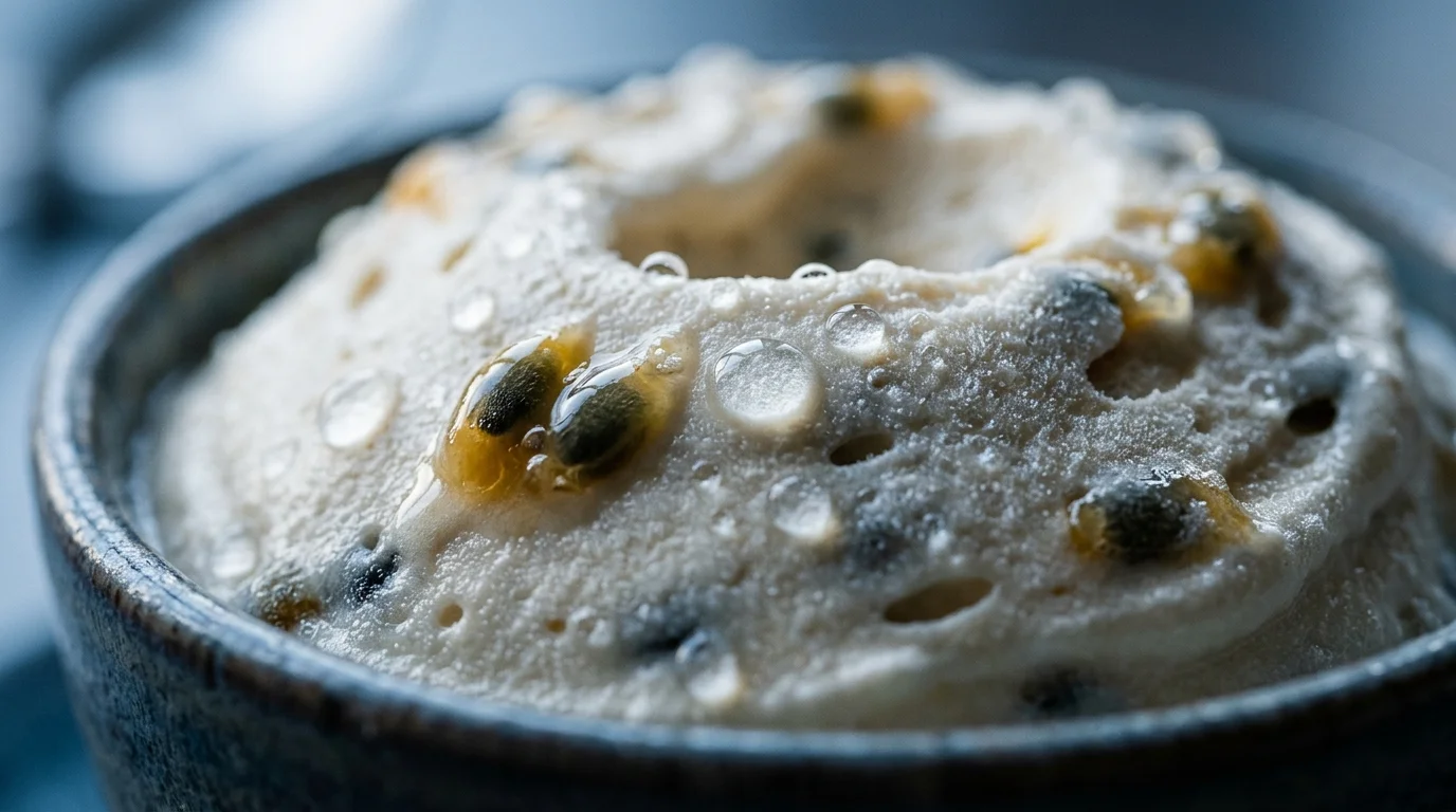 Detalhe da textura cremosa de mousse gelado com sementes de maracujá