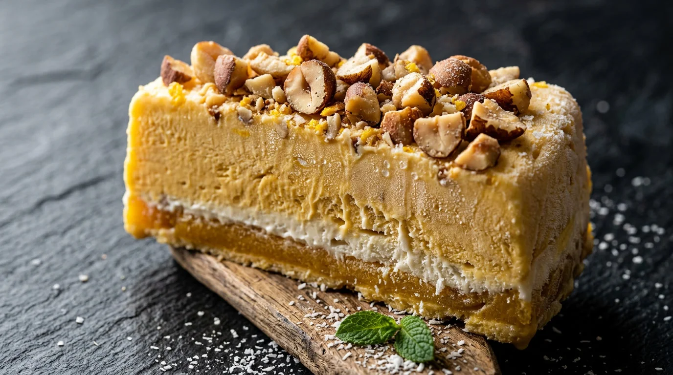 Semifreddo de manga com castanha-de-caju fatia detalhada